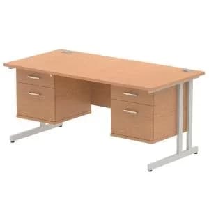 Impulse 1600 Rectangle Silver Cant Leg Desk OAK 2 x 2 Drawer Fixed Ped