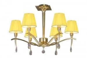 Semi Flush Ceiling Round 6 Light E14, Polished Brass with Amber Cream Shades And Clear Crystal