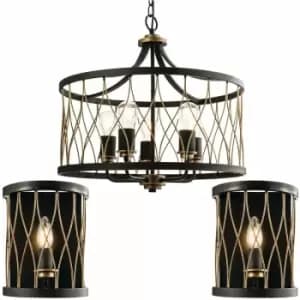 Loops - 5 Vintage Bulb Ceiling Lamp & 2x Matching Wall Light Bronze & Black Metal Cage