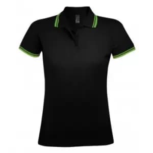 SOLS Womens/Ladies Pasadena Tipped Short Sleeve Pique Polo Shirt (L) (Black/Lime)