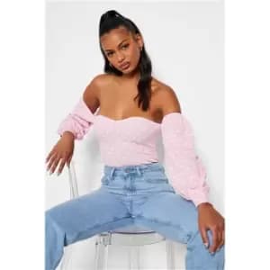 I Saw It First Pink Crepe Printed Sweetheart Neck Bardot Bodysuit - Pink