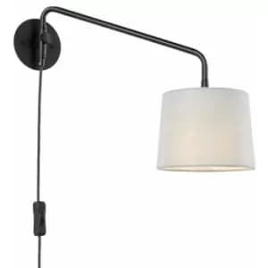Loops - Adjustable Swing Arm Wall Light Matt Black & Grey Fabric Shade Mains Plug in