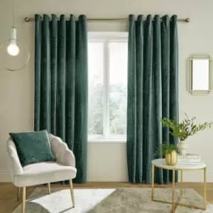Catherinelansfield - Catherine Lansfield Geo Cut Velvet Deco Lined Eyelet Curtains, Forest Green, 66 x 54 Inch