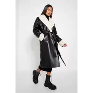 I Saw It First Shawl Trim Faux Leather Belted Coat - Black