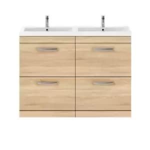 Nuie Athena 1200 Floor Standing 4-drawer Vanity & Ceramic Double Basin - Natural Oak