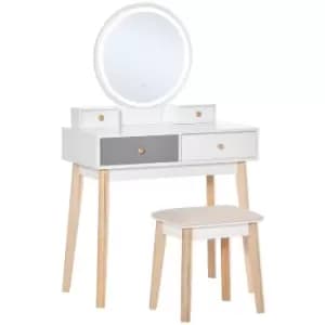 Homcom Dressing Table Set With Round LED Mirror Stool And 4 Drawers White And Grey