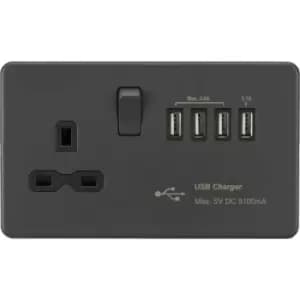 Screwless 13A Switched Socket with Quad USB charger (5.1A) - Anthracite 230V IP20