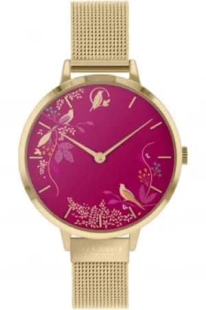 Sara Miller Chelsea Ladies Pale Gold Stainless Steel Mesh Strap Magenta Small Dial Enchanted Garden Watch SA4010