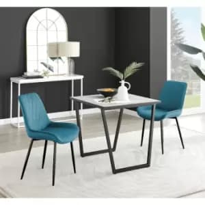 Furniturebox Carson White Marble Effect Square Dining Table & 2 Blue Pesaro Black LegVelvet Chairs
