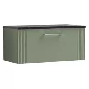 Deco Satin Green 800mm Wall Hung Single Drawer Vanity Unit with Sparkling Black Laminate Worktop - DPF896LSB - Satin Green - Nuie