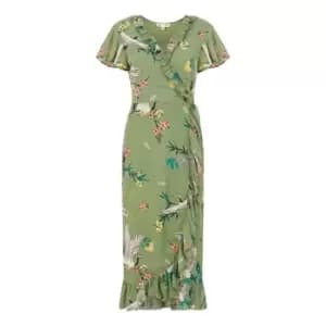Yumi Green Frill Crane Print Wrap Midi Dress - Green