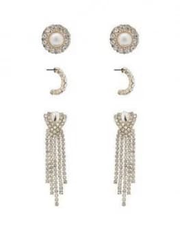 Mood Mood Rose Gold Plated Crystal Diamante And Pearl 3Pk Earrings