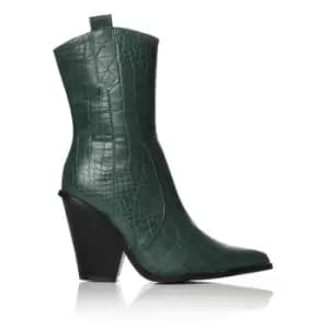 I Saw It First Mock Croc Western Ankle Boots - Green