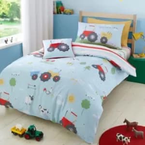 Farmyard Friends Print 100% Cotton Reversible Duvet Cover Set, Blue, Single - Bedlam