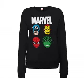 Marvel Comics Main Character Faces Womens Black Sweatshirt - S - Black