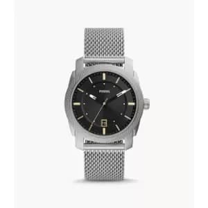Fossil Mens Machine Three-Hand Date Stainless Steel Mesh Watch - Silver