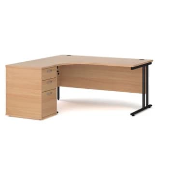 Office Desk Left Hand Corner Desk 1600mm With Pedestal Beech Top With Black Frame Maestro 25