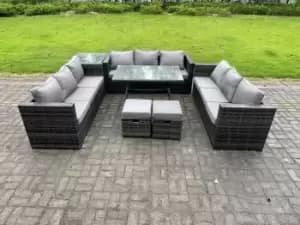 Fimous 9 Seater Outdoor Dark Grey Rattan Lounge Complete Sofa Set with Side Table and 2 Stools