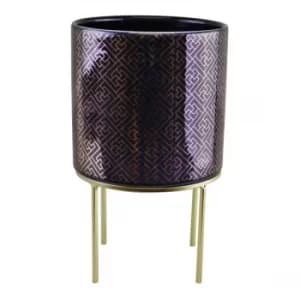 Square Geometric Design Midnight Blue & Gold Ceramic Planter On Stand
