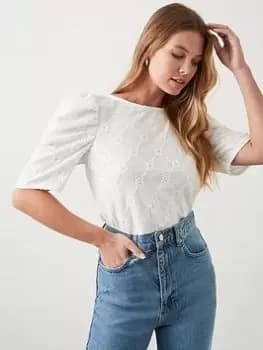 Dorothy Perkins Broderie Puff Sleeve Top - White, Size L, Women