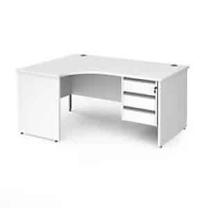 Dams International Left Hand Ergonomic Desk with 3 Lockable Drawers Pedestal and White MFC Top with Silver Panel Ends and Silver Frame Corner Post Leg