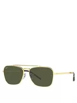 Ray-Ban New Caravan Legend Gold Square Frame Green Lens Sunglasses, Gold, Men
