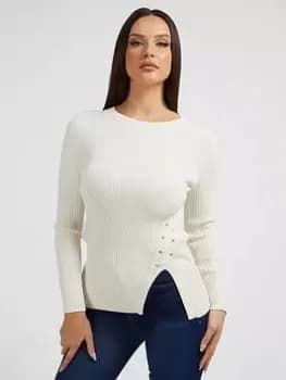 Guess Stitch Detail Ribbed Knitted Sweater - Cream White, Cream, Size L, Women