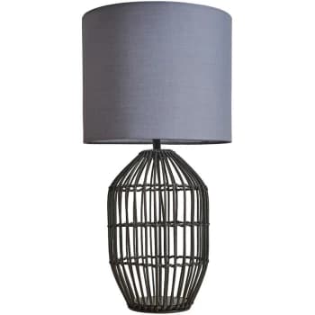 Matt Black Rattan Table Lamp With Fabric Lampshade - Dark Grey - No Bulb