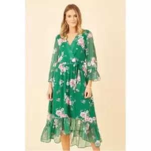 Yumi Green Floral Wrap Dress With Dipped Hem - Green