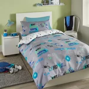Kids Game Glow In The Dark Print Reversible Duvet Cover Set, Grey, Double - Bedlam