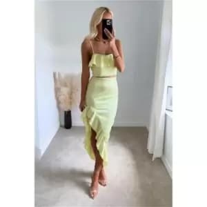 I Saw It First Lime Green Satin Frill Dip Hem Midi Skirt Co-Ord - Green