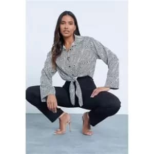 I Saw It First Satin Abstract Print Knot Front Shirt - Black