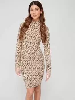 Calvin Klein Jeans CK Monogram Logo Long Sleeve Dress - Brown, Print Size M Women