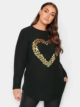 Yours Yours Foil Leopard Heart Top, Black, Size 16, Women