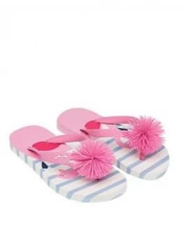Joules Girls Flamingo Pom Pom Flip Flops - White