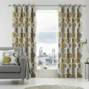 Fusion Sander Geometric Print 100% Cotton Eyelet Lined Curtains, Ochre, 66 x 54 Inch