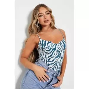 I Saw It First Zebra Print Slinky Cowl Neck Bodysuit - Green
