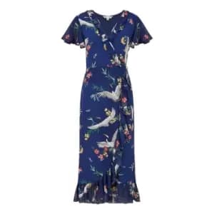 Yumi Navy Frill Crane Wrap Midi Dress - Blue