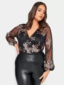 Yours Sequin Floral Wrap Body, Gold, Size 16, Women