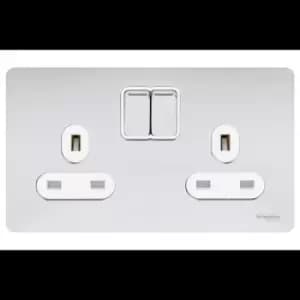 Schneider Electric Ultimate Screwless Flat Plate - Switched Double Power Socket, Double Pole, 13A, GU3420DWPC, Polished Chrome with White Insert