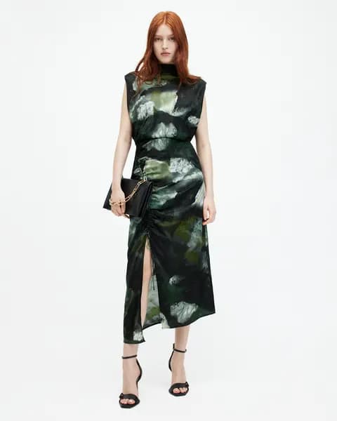 AllSaints Isa Silk Blend Camo Print Midi Dress