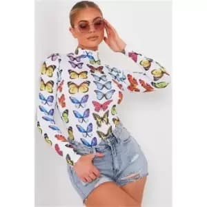 I Saw It First White Butterfly Print High Neck Bodysuit - White