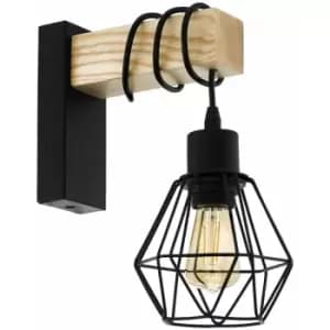 Loops - LED Wall Light / Sconce Black Plate & Wood Hangman Cage 1 x 10W E27 Bulb