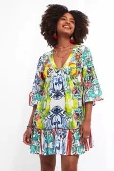 Beaded V Neck Fruit Print Kaftan Tunic Dress