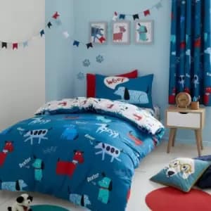 Catherine Lansfield Kids Woofing Dogs Reversible Easy Care Duvet Cover Set, Blue, Single