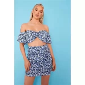 I Saw It First Blue Petite Floral Ruched High Waisted Skirt - Blue