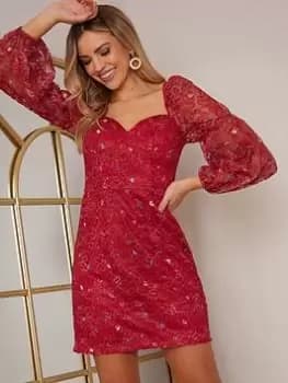 Chi Chi London Long Sleeve Floral Lace Mini Dress, Berry, Size 10, Women