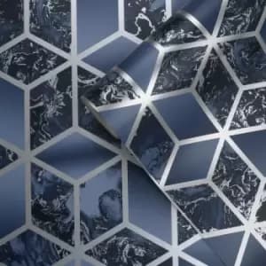 Muriva Elixir Cube Blue and Silver Wallpaper