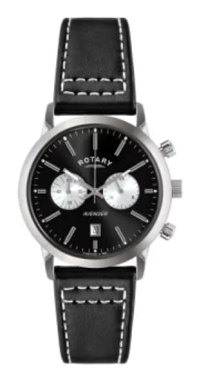 Rotary Avenger Black Dial Black Leather Strap Mens Chronograph