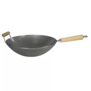 Dexam 36cm Heavy Gauge Uncoated Carbon Steel Wok with Helper Handle Silver